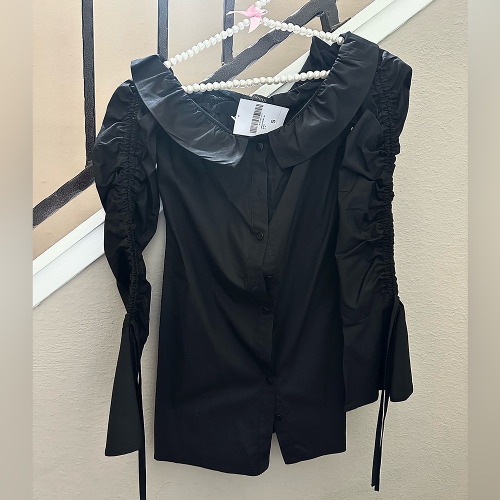 Forever 21 long sleeve ruffled ruched black mini dress bell sleeves Size Small
